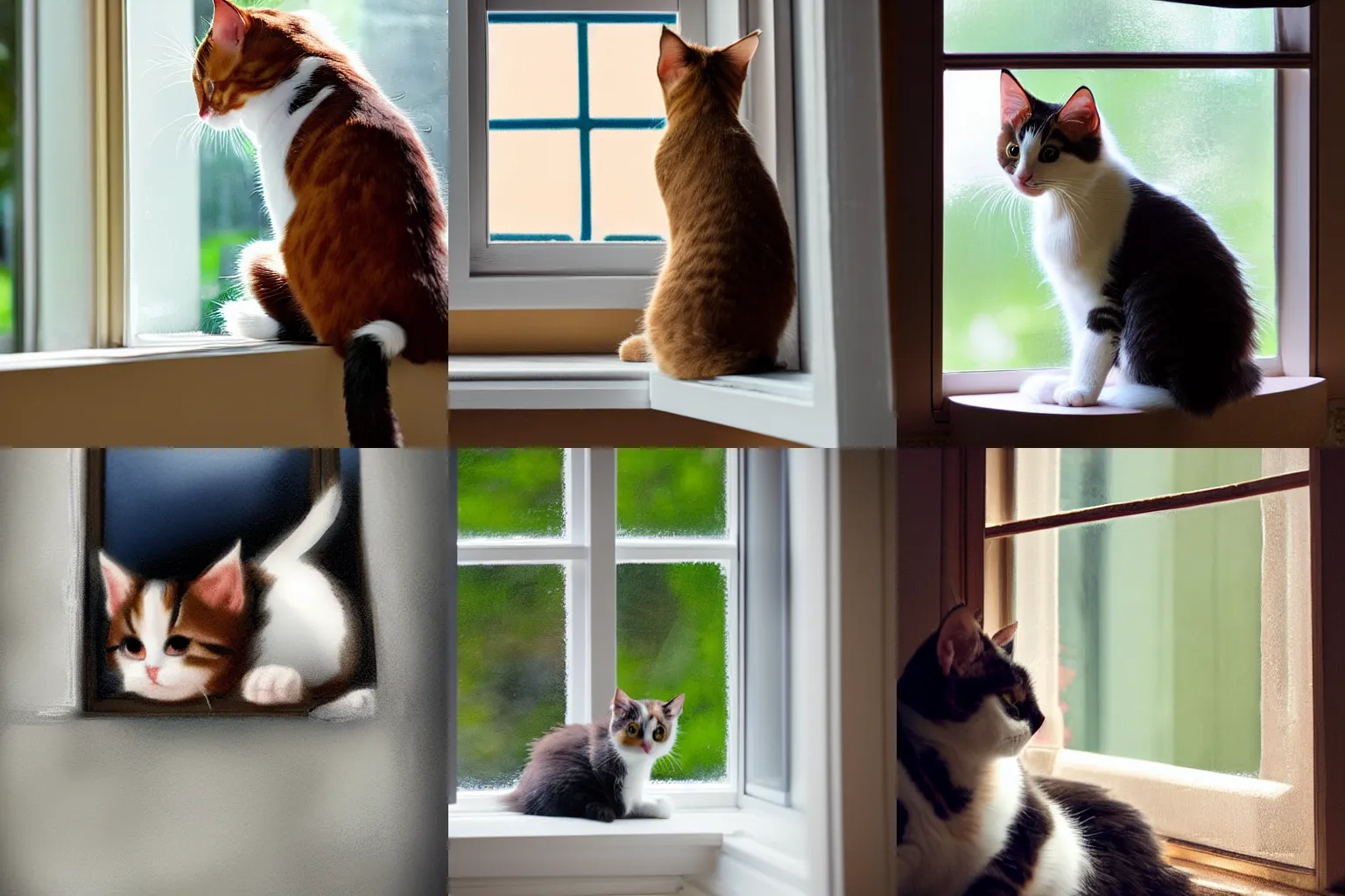 Prompt: a calico kitten sitting on the window ledge inside a comfy home looking outside at another cat that is outside, on a beautiful day, featured on artstation