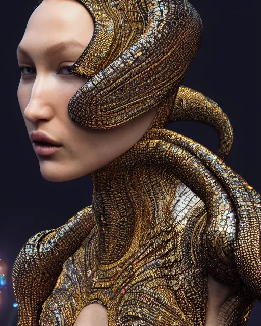 Image similar to a highly detailed metahuman 8 k close up render of bella hadid as a black snake renaissance in iris van herpen dress schiaparelli in diamonds crystals swarovski and jewelry iridescent in style of alphonse mucha gustav klimt trending on artstation made in unreal engine 4