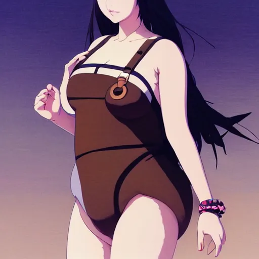 Image similar to a beautiful plus sized model japanese natalie portman, alluring plus sized model with brown skin, wearing mayan leotard with overalls, street fashion hip hop style with mayan patterns, aztec street fashion, gapmoe yandere grimdark, trending on pixiv fanbox, painted by greg rutkowski makoto shinkai takashi takeuchi studio ghibli, akihiko yoshida