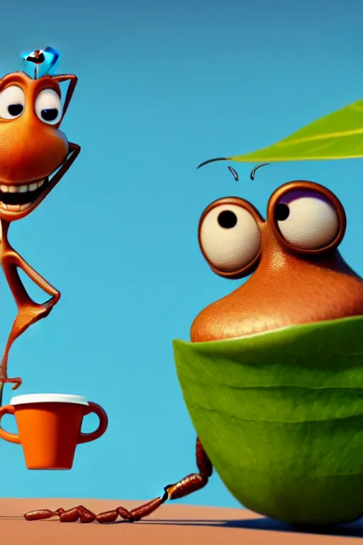 Image similar to a funny ant character with big eyes holding a cup of coffee on top of a leaf at a sunny morning. pixar disney 4 k 3 d render movie oscar winning trending on artstation and behance. ratatouille style.