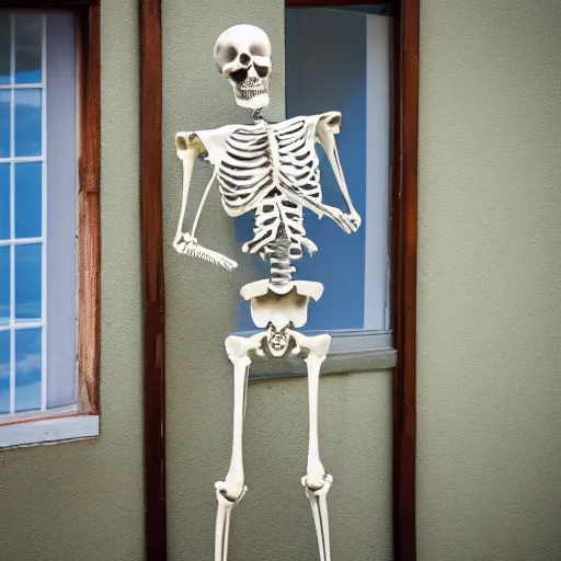 Image similar to Unicorn skeleton standing next to an open window