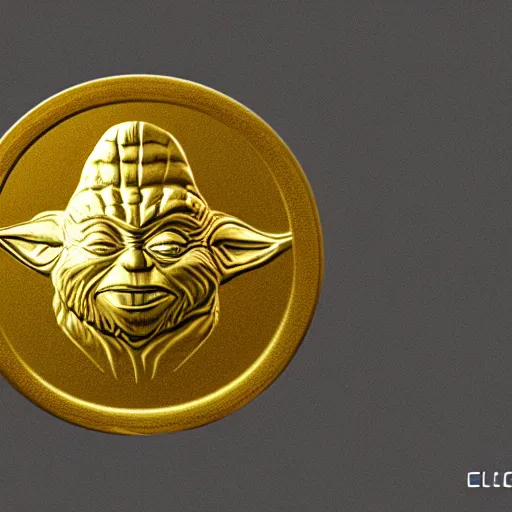 Image similar to An ancient gold coin with the yoda on it , cinematic, hyper realism, high detail, octane render, 8k