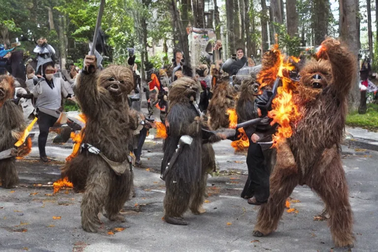 Image similar to ewoks rioting in front of a government building!!!, flaming torches and pitchforks