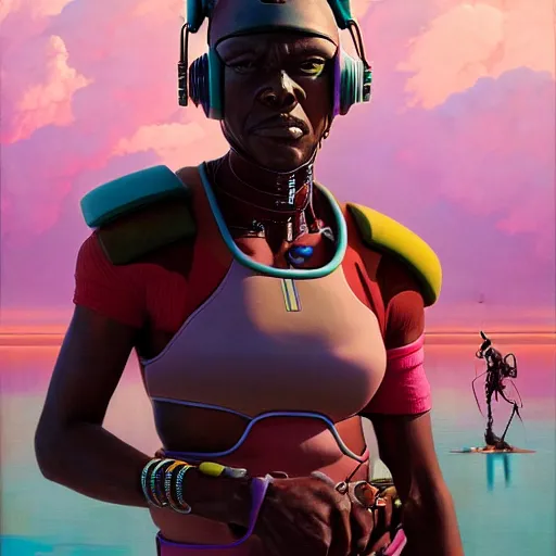 Image similar to a zulu cyberpunk hunter near a pink lake by thomas blackshear and android jones in a surreal portrait style, oil on canvas, 8k resolution.