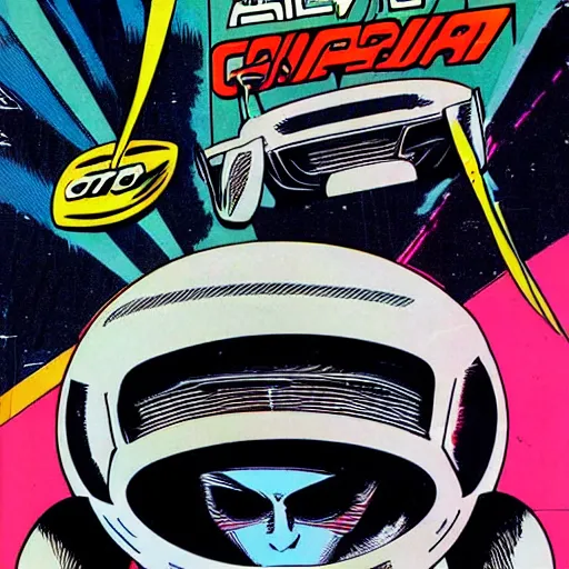Image similar to alien male race car driver in a 70s comic book, retro, colorful, dynamic, futuristic