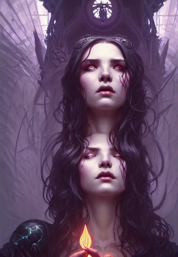 Image similar to Necromancer Sorceress in center, fantasy magic, undercut hairstyle, dark light night, intricate, elegant, sharp focus, illustration, highly detailed, digital painting, concept art, matte, art by WLOP and Artgerm and Greg Rutkowski and Alphonse Mucha, masterpiece