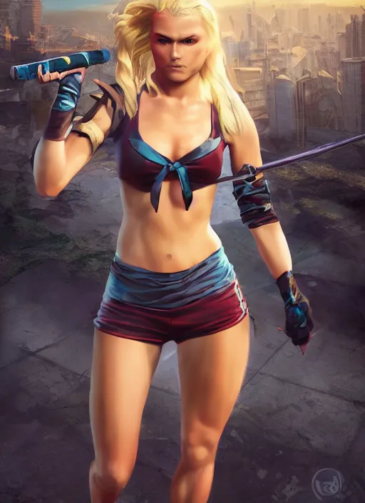 Image similar to An epic fantasy comic book style portrait painting of an athletic blonde female thief dancing, unreal 5, DAZ, hyperrealistic, octane render, cosplay, RPG portrait, dynamic lighting