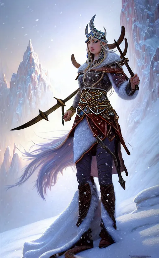 Image similar to opal viking warrior, regal, elegant, winter, snow, beautiful, stunning, hd, illustration, epic, d & d, fantasy, intricate, elegant, highly detailed, wide angle, digital painting, artstation, concept art, smooth, sharp focus, illustration, wallpaper, art by artgerm and greg rutkowski and alphonse mucha and jin xiaodi