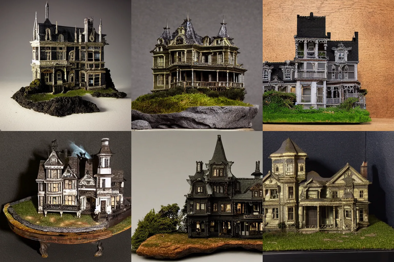 Prompt: a miniature diorama of a haunted victorian mansion on a cliffside, dark background