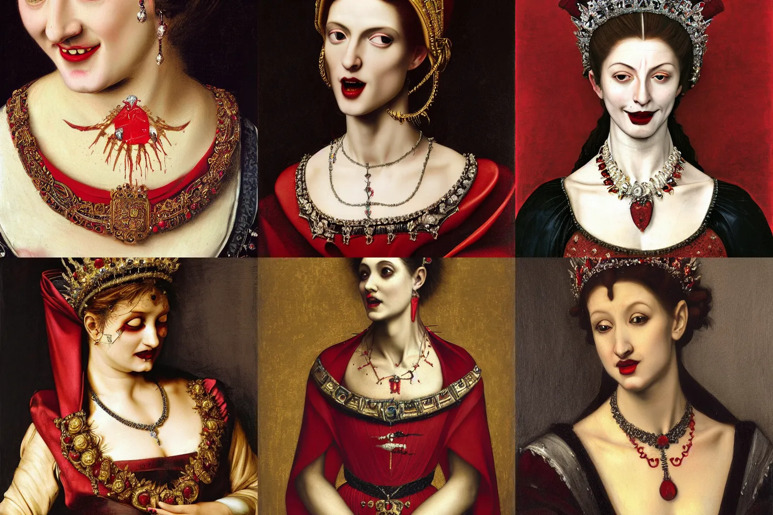 Image similar to A extremely highly detailed majestic hi-res beautiful head and shoulders painting of a beautiful bloody vampire woman with fangs wearing a long royal red silk dress, the crown jewels is on her head and around her neck is a ornate golden necklace decorated with diamonds and rupees and she is smiling wickedly by Michelangelo Merisi da Caravaggio, high detail, hyperrealistic, photorealistic, octante render, cinematic, high textures, royaltly, royal, hyper sharp, 4k insanely detailed and intricate, hypermaximalist, 8k, hyper realistic, super detailed, 4k HDR hyper realistic high,