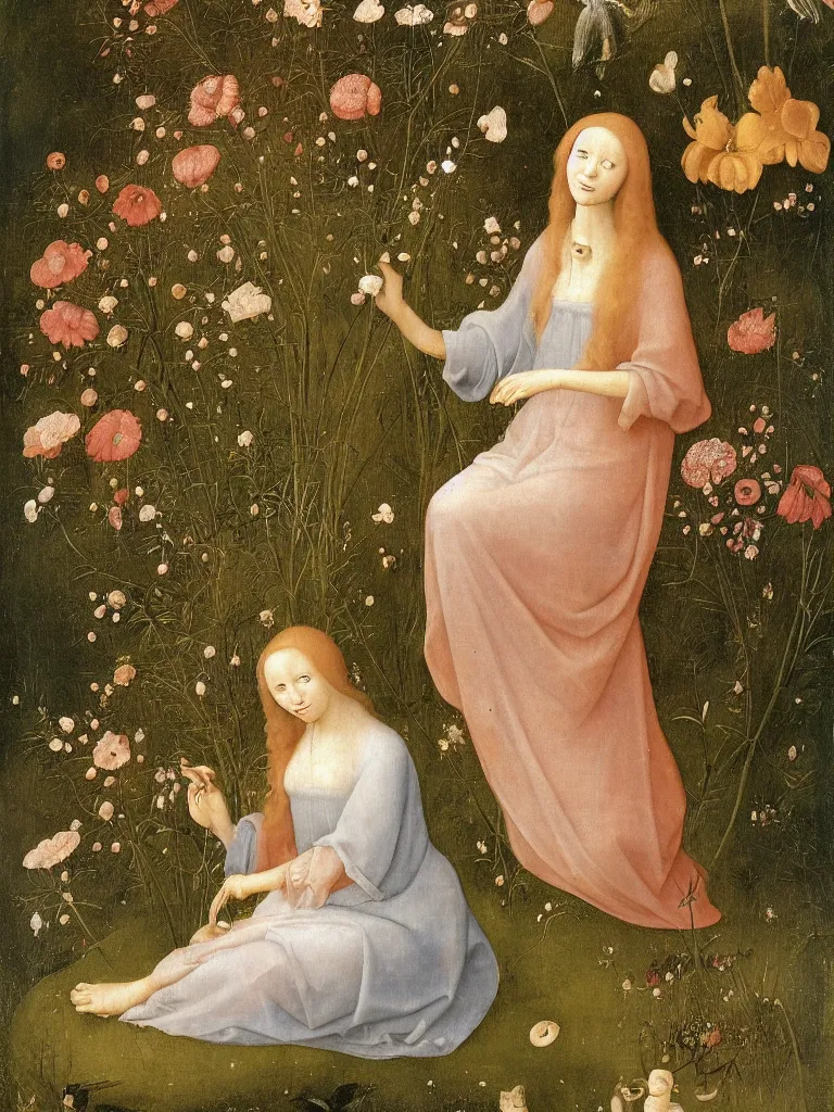 Image similar to beautiful woman with long golden hair, wearing chiffon dress, sitting among large flowers in the garden, in the style of hieronymus bosch,