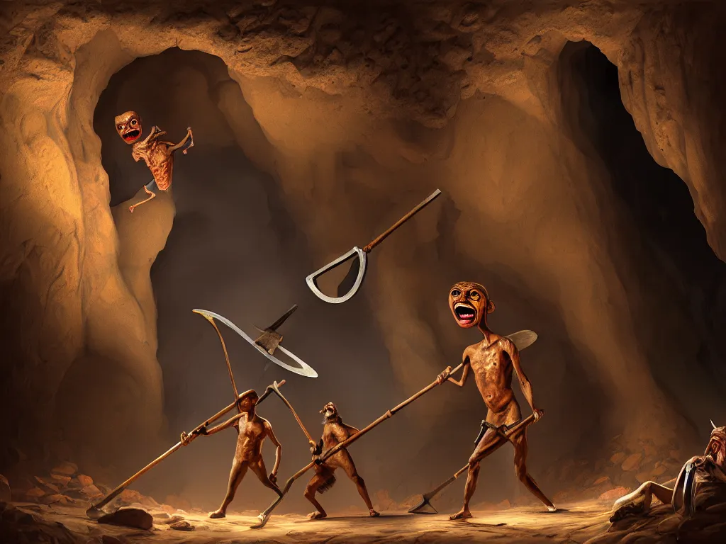 Prompt: a painting of a human of a big mouth turns into a cave with strange bearded beings with scythes, 4 k, art by miguel alandia pantoja