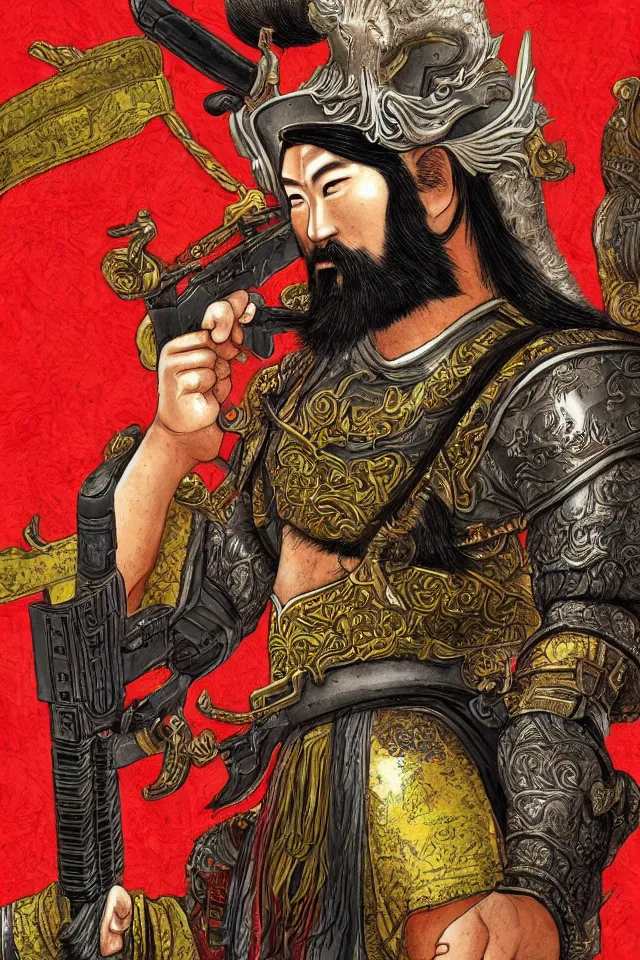 Image similar to a portrait of guan yu with a m 1 6 a 1, in the art style of han - era art, three kingdoms artsyle, artistic, highly detailed 4 k