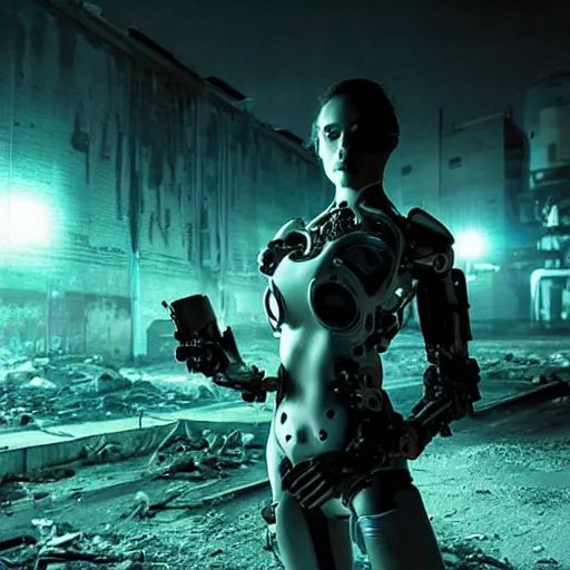 Prompt: stunning, breathtaking, awe-inspiring award-winning photo of an attractive biomorphic female cyborg in a desolate abandoned post-apocalyptic industrial city at night, epic scene, extremely moody blue lighting