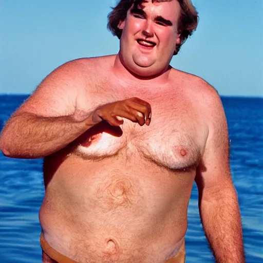 Image similar to john candy is relaxing on the beach, he is rubbing barbeque sauce on his skin. robin williams rubs bbq sauce on hos skin but his arms are too hairy, vacation photo