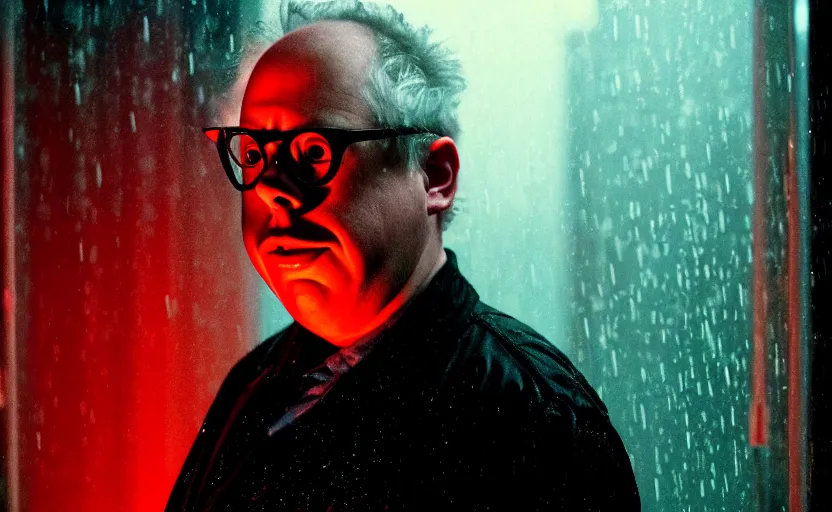 Image similar to cinestill 5 0 d candid photographic portrait by david cronenberg of todd solondz, modern cyberpunk moody emotional cinematic, closeup, pouring rain menacing lights shadows, 8 k, hd, high resolution, 3 5 mm, f / 3 2, ultra realistic faces, ex machina