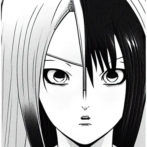 Image similar to alita by yukito kishiro. medium shot. black and white manga. pencil drawing. high detailed face