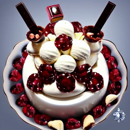 Image similar to an ice cream sundae made out of rubies and diamonds and chocolate, elegant and ornate,