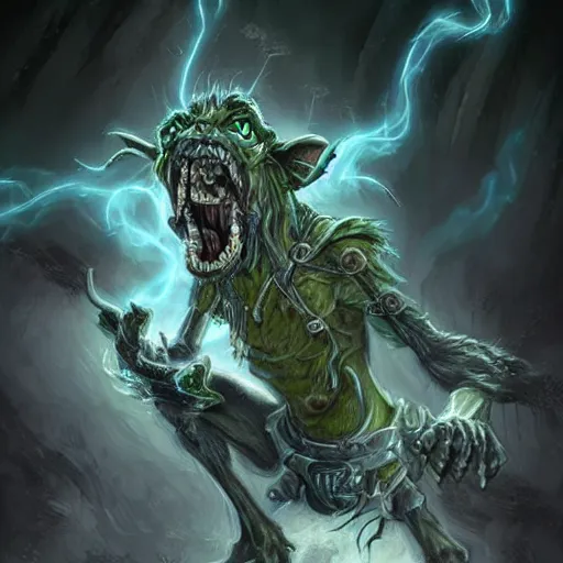 Image similar to a highly detailed goblin with grey skin and blue eyes that glow, made of wind, like magic the gathering, goblin chainwalker,, digital art, by christopher rush