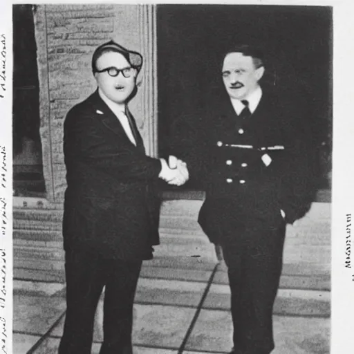 Image similar to vintage photograph of sam hyde and adolf hitler shaking hands, very detailed,