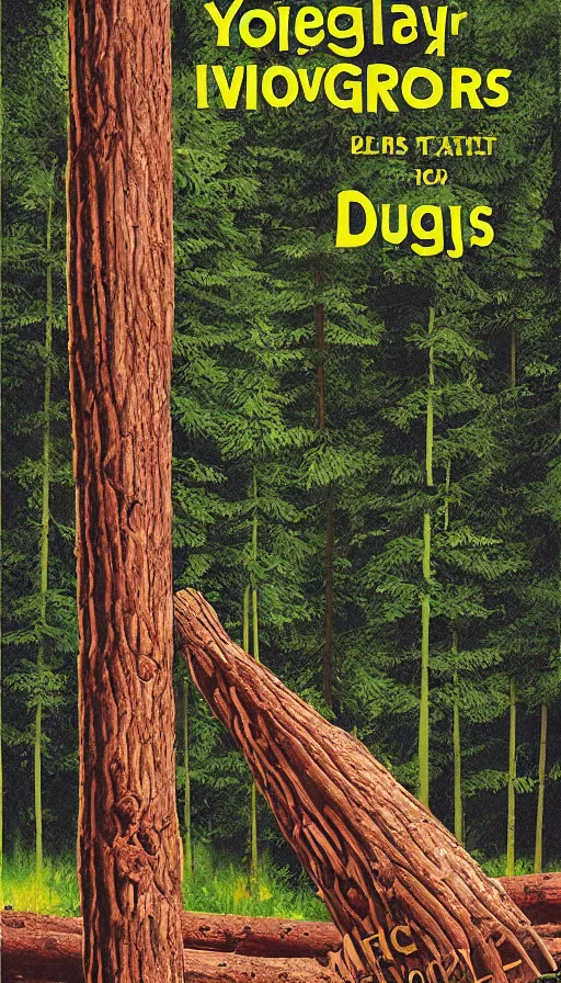 Image similar to movie poster of loggers cutting douglas firs, highly detailed., hyper realistic, large text, bright colours