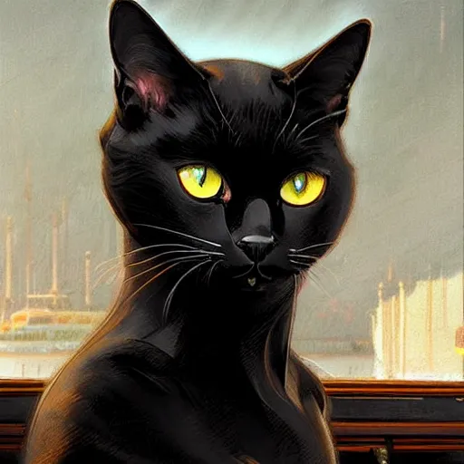 Prompt: beautiful black cat sitting on ship deck, naval background, fantasy, highly detailed, digital painting, artstation, concept art, smooth, sharp focus, illustration, art by artgerm and greg rutkowski and alphonse mucha