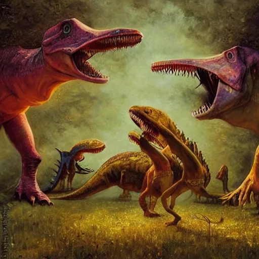 Image similar to A group of dinosaurs dancing in a rave party at ozora festival by Esao Andrews and Karol Bak and Zdzislaw Beksinski