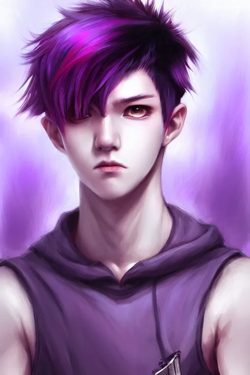 Image similar to gorgeous!!! hyper - realistic teenager boy with purple hair, purple eyes with red eye markets, slim body, wearing combat japanese clothes, holding a fan | drawn by wlop, drawn by jeehyung lee, drawn by artgerm | intricate, highly detailed, digital painting, character design, concept art, illustration, artstation