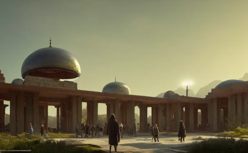 Image similar to exterior shot of utopian train station on in the middle of an ancient persian temple hill with cinematic lighting by peter zumthor and renzo piano, darek zabrocki and greg ruthkowski, simon stalenhag, cinematic, holy place, paradise, scifi, futurism, atmospheric, concept art, artstation, trending on artstation