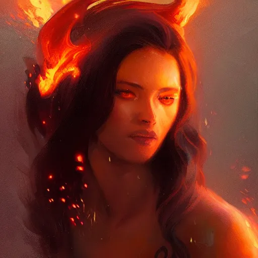 Image similar to a beautiful portrait of a flame goddess by by Greg Rutkowski and Raymond Swanland, Trending on Artstation, Flaming Background, ultra realistic digital art