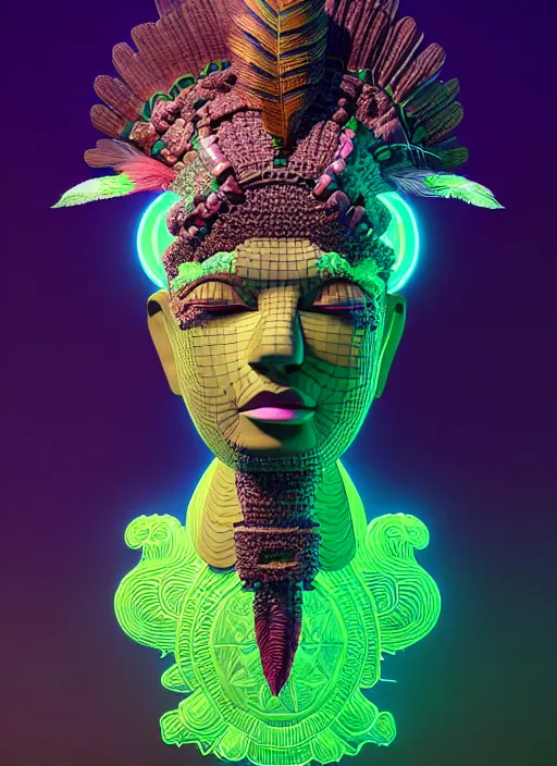 Image similar to 3 d goddess profile portrait. beautiful intricate highly detailed quetzalcoatl mask and feathers. ahuizotl, atotolin, bioluminescent, plasma, lava, ice, water, wind, creature, thunder clouds, artwork by tooth wu and wlop and beeple and greg rutkowski, 8 k trending on artstation,