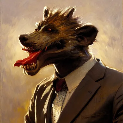 Prompt: a portrait of a gnoll wearing a suit and pulling his tongue at the viewer. highly detailed painting by gaston bussiere, craig mullins, j. c. leyendecker 8 k