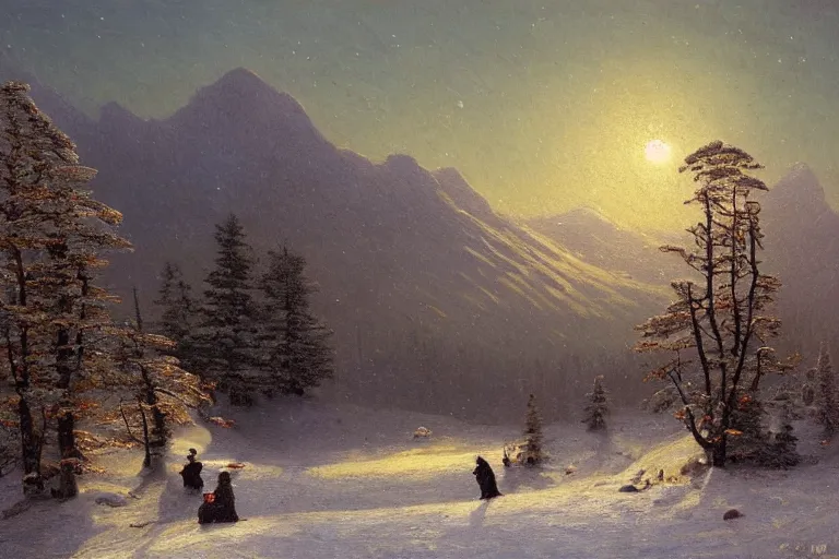 Prompt: mountains, trees, beautiful nature, winter, night, stars, snow, very detailed, focused, oil painting, colorful, canvas, artstation, Sydney Mortimer Laurence, Albert Bierstadt, Theodor Kittelsen, Hans Dahl, Konstantin Yakovlevich Kryzhitsky, Hermann Hendrich