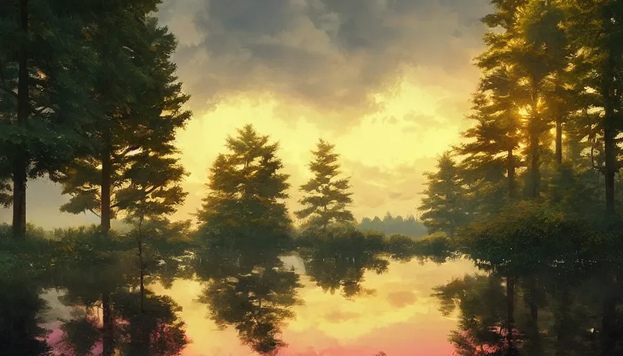 Image similar to tall lush evergreen trees beside a beautiful lake, pink clouds backlit by yellow sun, aesthetic, by greg rutkowski, featured on artstation, wide angle