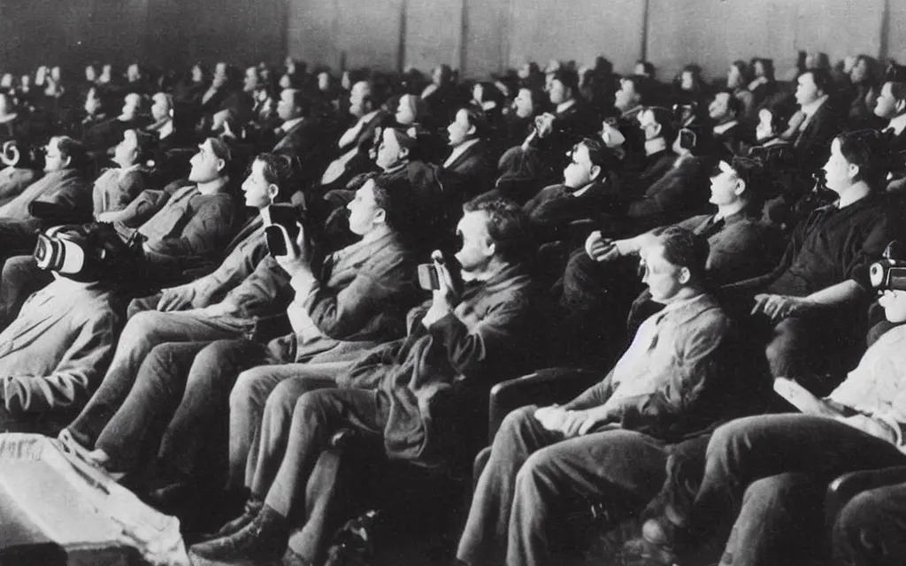 Image similar to 1 9 0 0 s photo of people using iphones ipods virtual reality headsets vr watching hd tv in a movie theater