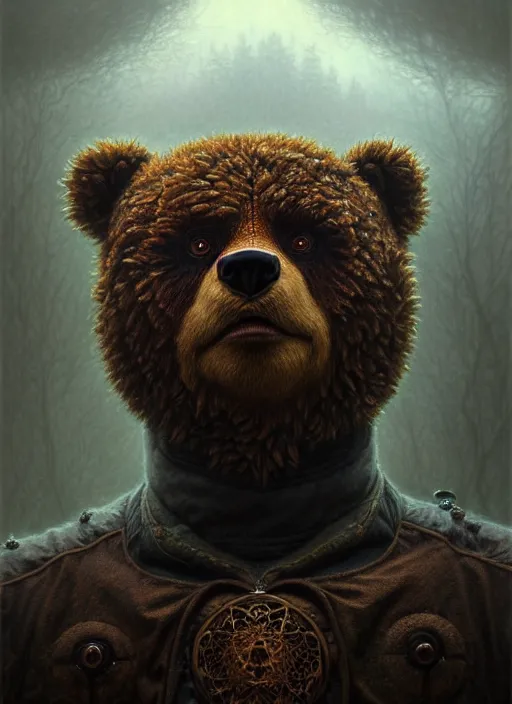 Image similar to closeup portrait shot of a evil teddy bear in a scenic dystopian environment, intricate, elegant, highly detailed, centered, digital painting, artstation, concept art, smooth, sharp focus, illustration, artgerm, tomasz alen kopera, peter mohrbacher, donato giancola, joseph christian leyendecker, wlop, boris vallejo