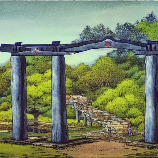 Image similar to a japanese landscape filled with torii arches, dawn, by enki bilal