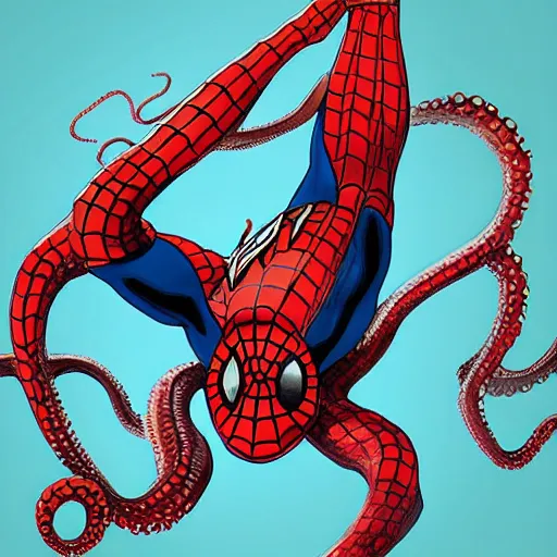 Image similar to octopus attacking and suffocating spiderman, photorealistic