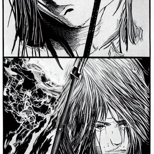 Image similar to pen and ink!!!! attractive 22 year old monochrome!!!! Ryan Gosling highly detailed manga Vagabond!!!!!!! telepathic floating magic swordsman!!!! glides through a beautiful!!!!!!! battlefield magic the gathering dramatic esoteric!!!!!! pen and ink!!!!! illustrated in high detail!!!!!!!! graphic novel!!!!!!!!! by Gustav Klimt, Bernie Wrightson, and Hiroya Oku!!!!!!!!!!!!!! MTG!!! award winning!!!! full closeup portrait!!!!! action Exposition manga panel