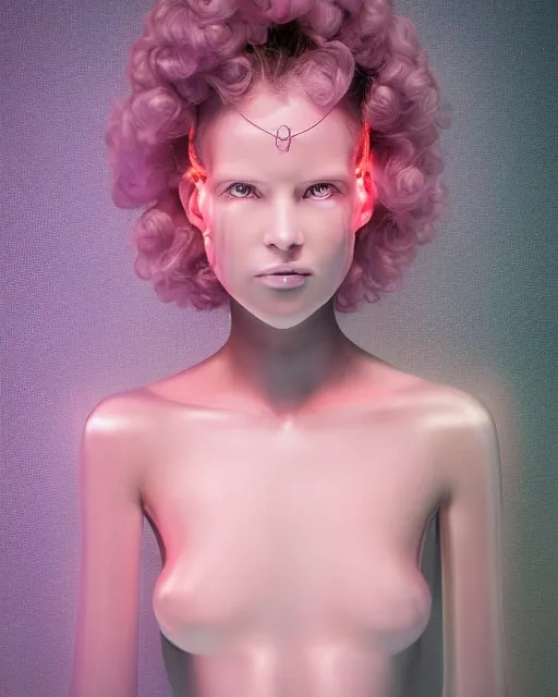 Image similar to natural light, soft focus portrait of an android with soft synthetic pink skin, blue bioluminescent plastics, smooth shiny metal, elaborate ornate head piece, piercings, skin textures, by annie liebovotz,