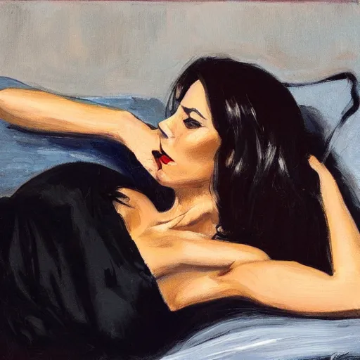 Image similar to Ground Level Shot, long shot of a beautiful dark haired woman wearing a black dress, laying on her back on a bed, holding old telephone hand peice with twisted cable by fabian perez