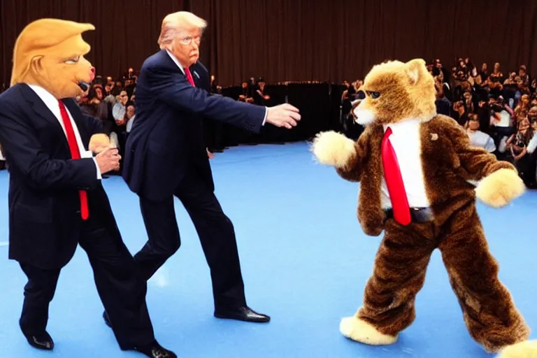 Image similar to “Barack Obama and Donald Trump fighting in fur suits at a furry convention, ultra realistic, highly detailed, award winning photo, ambient lighting”