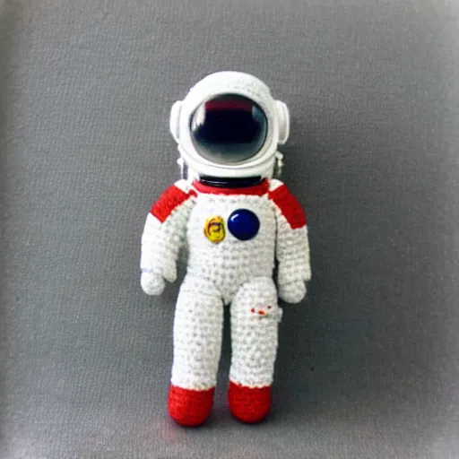 Image similar to polaroid of a cute toy crochete astronaut in real space