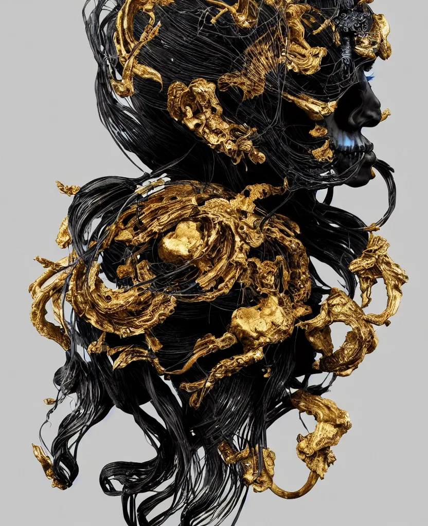 Prompt: black background. goddess princess face close-up portrait ram skull. sculpture made of gold and black charcoal. jellyfish phoenix head, nautilus, orchid, skull, betta fish, bioluminiscent creatures, intricate artwork by Tooth Wu and wlop and beeple. octane render, trending on artstation, greg rutkowski very coherent symmetrical artwork. cinematic, hyper realism, high detail, octane render, 8k