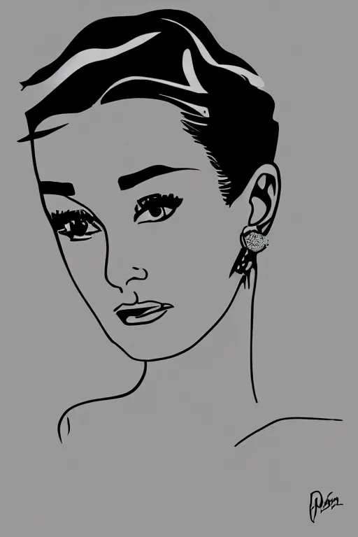 Prompt: digital illustration of Audrey Hepburn by Patrick Nagel artist in black and white