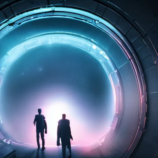 Image similar to sci-fi time traveler, entering through a portal into another dimension, hdr, glowing, misty soft, sunset, Chris Nolan cinematography style, dark, cinematic, cinema lighting, highly detailed, ultra realistic, cinematic lighting, 8k