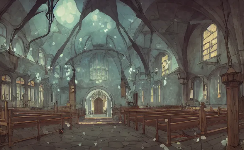 Image similar to a renaissance church hall, crystal lights, mysterious atmosphere, cel - shading, cinematic, artstation, studio ghibli, miyazaki, highly details