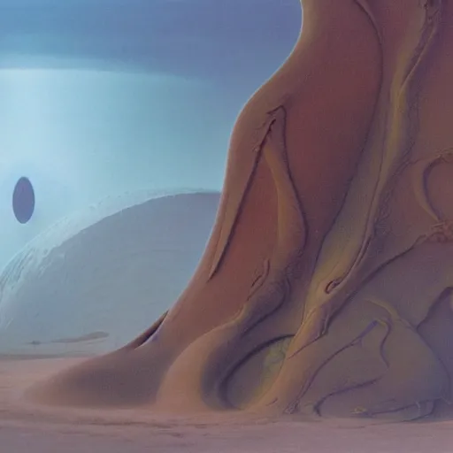 Prompt: Michael Whelan and Peter Andrew Jones art direct Dune (1984) hyper detailed complex intricate set, volumetric fog, photorealistic, still from a movie, studio lighting, 8k, hd