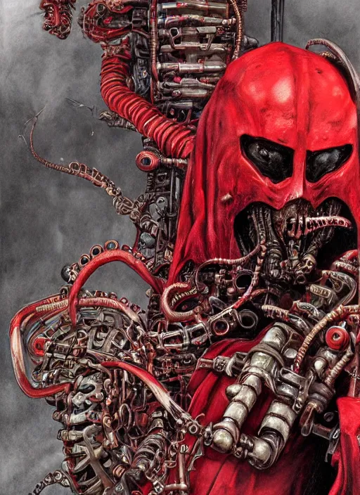 Image similar to portrait of rotten Nicolas Cage as adeptus mechanicus in red hood and robe from Warhammer 40000, mechanical tentacles. Highly detailed, artstation, illustration by and John Blanche and zdislav beksinski and wayne barlowe