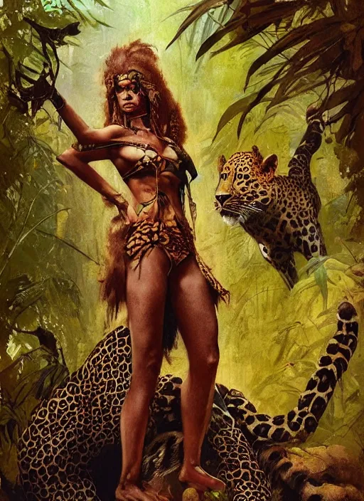 Prompt: a full body portrait of a jungle queen with a leopard, intricate, elegant, highly detailed, vivid colors, john park, frazetta, sparth, ruan jia, jeffrey catherine jones